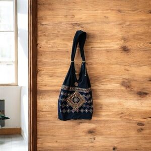 Embroidered Navy Shoulder Bag